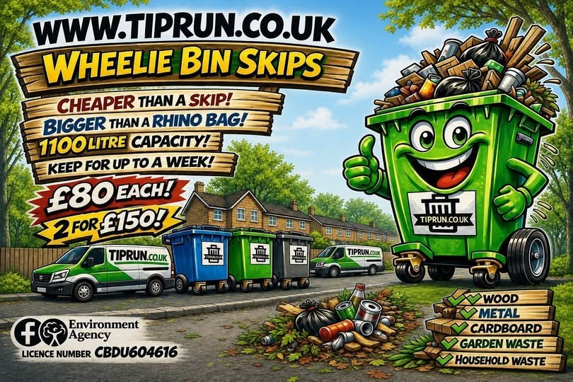 TipRun wheelie bin skips — 1100 litre capacity, £80 each or 2 for £150